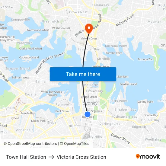 Town Hall Station to Victoria Cross Station map