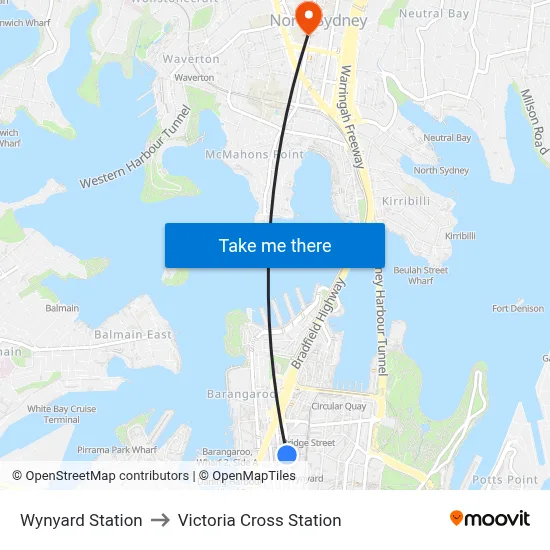 Wynyard Station to Victoria Cross Station map