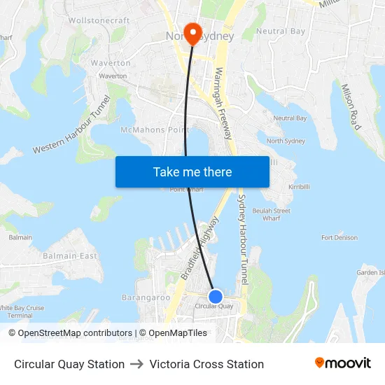 Circular Quay Station to Victoria Cross Station map
