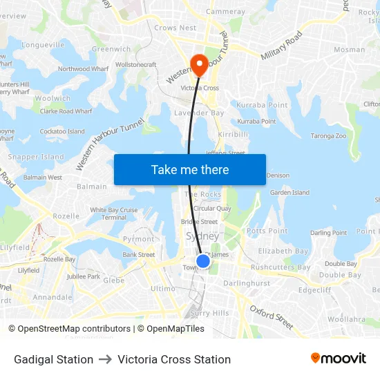 Gadigal Station to Victoria Cross Station map