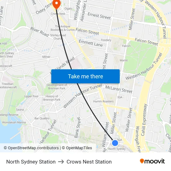 North Sydney Station to Crows Nest Station map