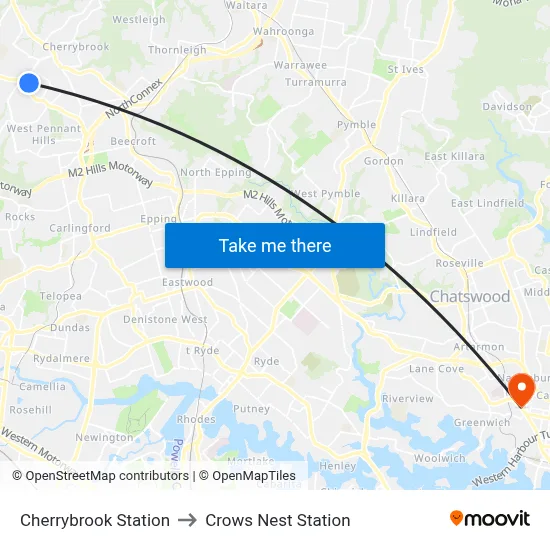 Cherrybrook Station to Crows Nest Station map