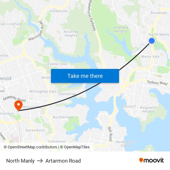 North Manly to Artarmon Road map