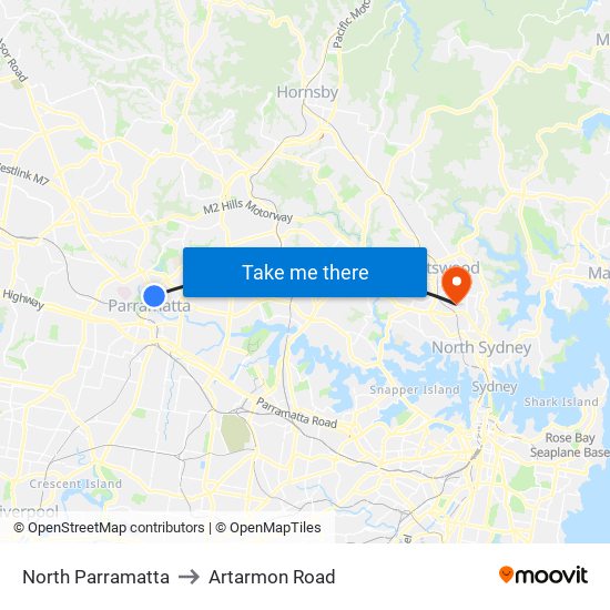 North Parramatta to Artarmon Road map