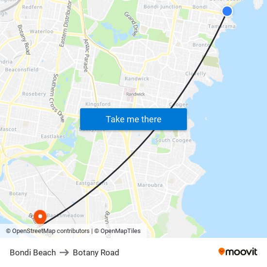 Bondi Beach to Botany Road map