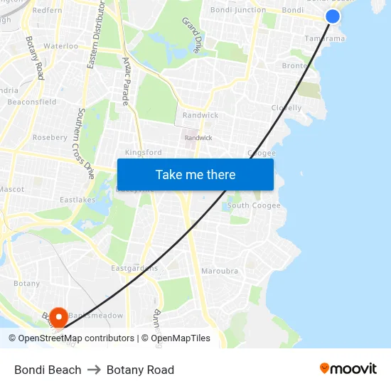 Bondi Beach to Botany Road map