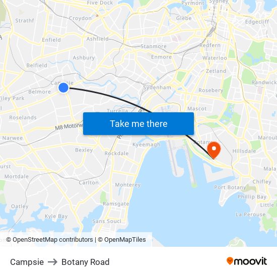 Campsie to Botany Road map