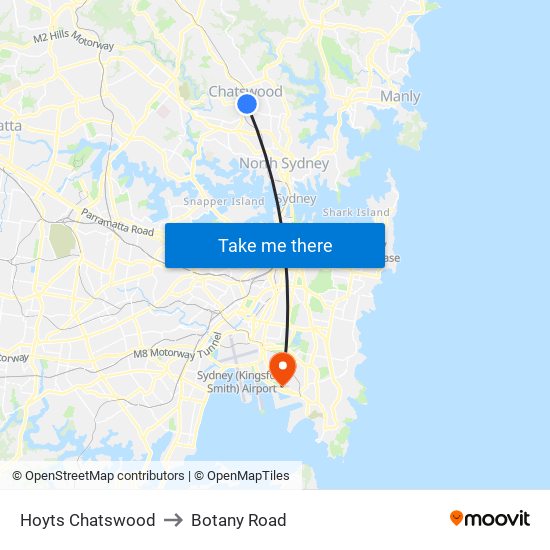 Hoyts Chatswood to Botany Road map