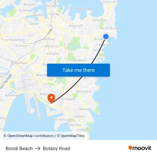Bondi Beach to Botany Road map