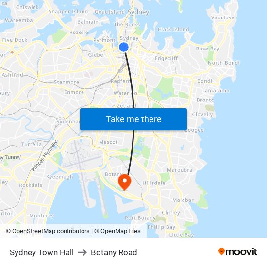 Sydney Town Hall to Botany Road map