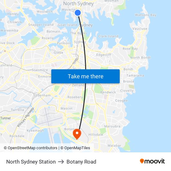 North Sydney Station to Botany Road map