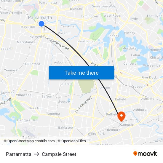 Parramatta to Campsie Street map