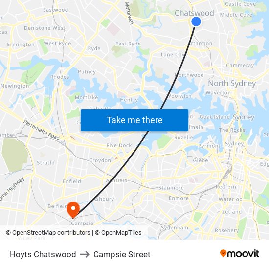 Hoyts Chatswood to Campsie Street map