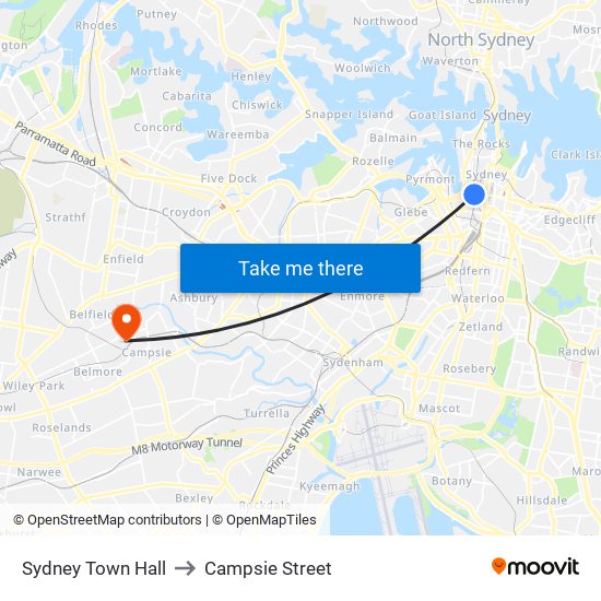 Sydney Town Hall to Campsie Street map