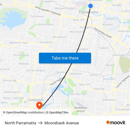 North Parramatta to Moorebank Avenue map