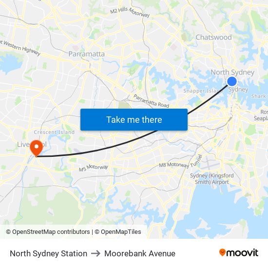 North Sydney Station to Moorebank Avenue map