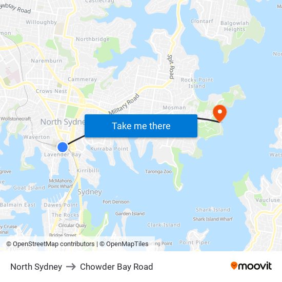 North Sydney to Chowder Bay Road map