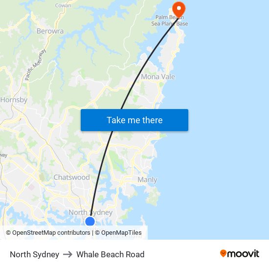 North Sydney to Whale Beach Road map