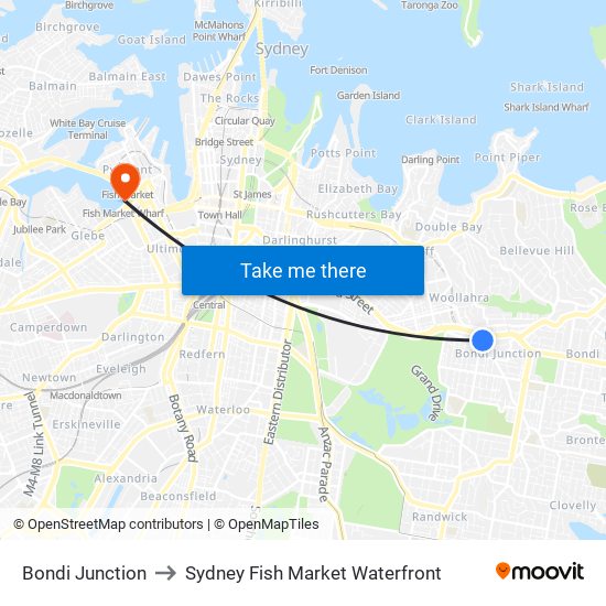 Bondi Junction to Sydney Fish Market Waterfront map