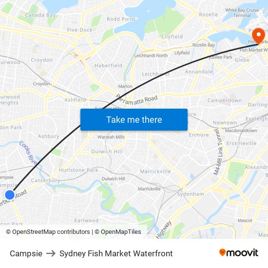 Campsie to Sydney Fish Market Waterfront map
