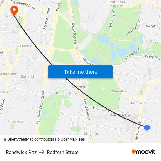 Randwick Ritz to Redfern Street map