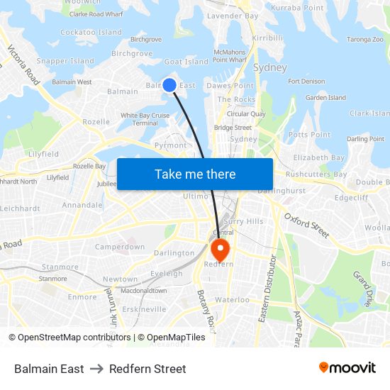 Balmain East to Redfern Street map