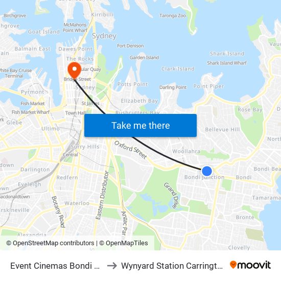 Event Cinemas Bondi Junction to Wynyard Station Carrington Street map