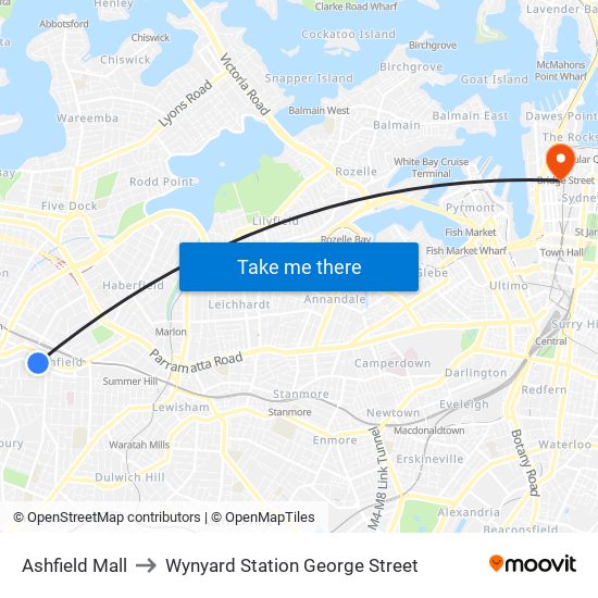 Ashfield Mall to Wynyard Station George Street map