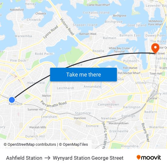 Ashfield Station to Wynyard Station George Street map