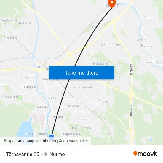 Törnäväntie 25 to Nurmo map