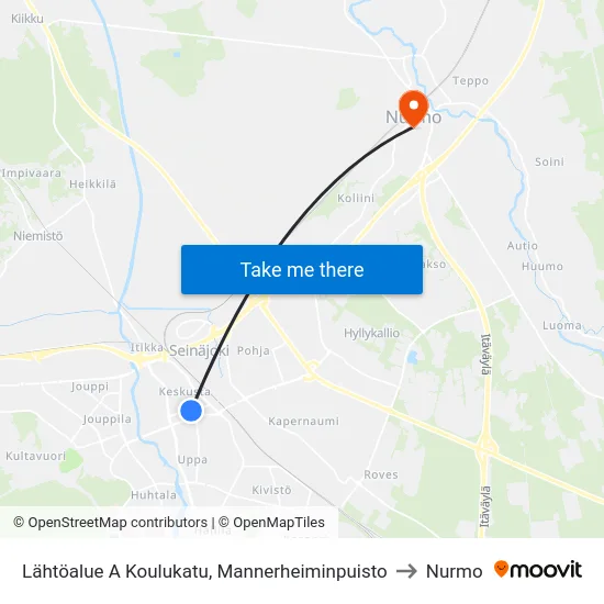Lähtöalue A Koulukatu, Mannerheiminpuisto to Nurmo map