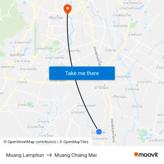 Muang Lamphun to Muang Chiang Mai map