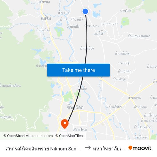 สหกรณ์นิคมสันทราย Nikhom San Sai Cooperative to มหาวิทยาลัยเชียงใหม่ map