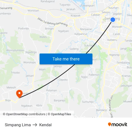 Simpang Lima to Kendal map