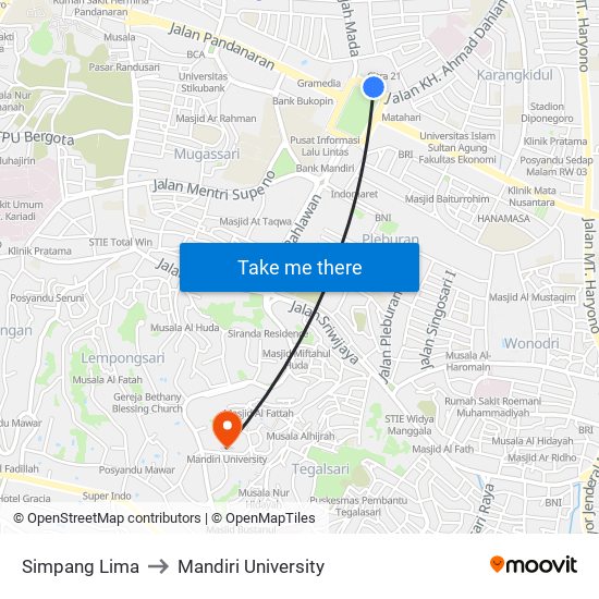 Simpang Lima to Mandiri University map