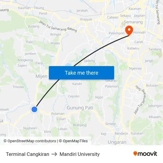 Terminal Cangkiran to Mandiri University map