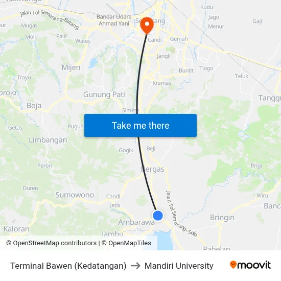 Terminal Bawen (Kedatangan) to Mandiri University map