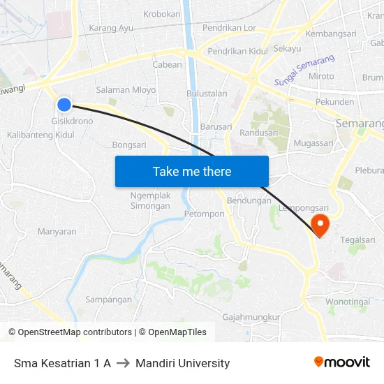 Sma Kesatrian 1 A to Mandiri University map