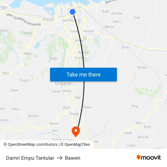 Damri Empu Tantular to Bawen map