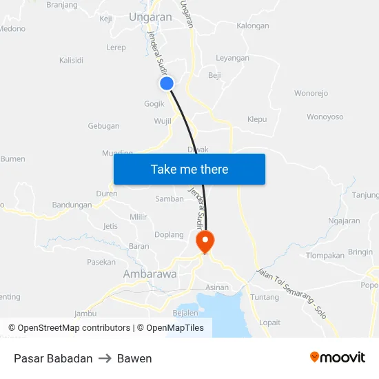 Pasar Babadan to Bawen map