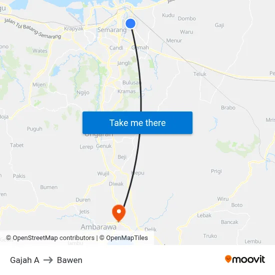 Gajah A to Bawen map