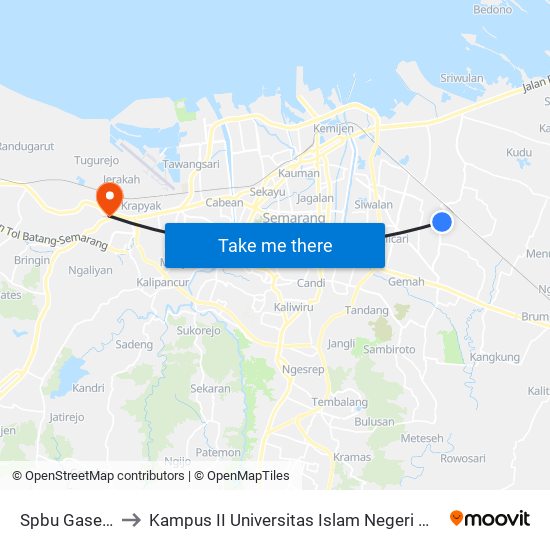 Spbu Gasem A to Kampus II Universitas Islam Negeri Walisongo map