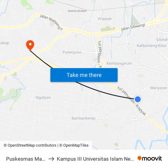 Puskesmas Manyaran B to Kampus III Universitas Islam Negeri Walisongo map