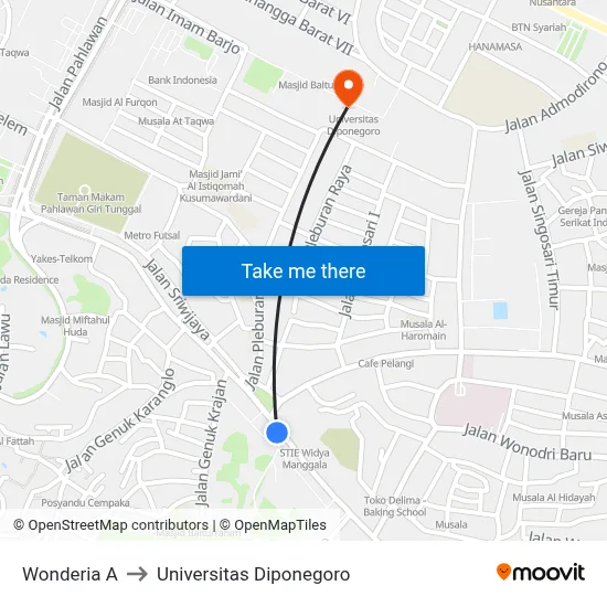 Wonderia A to Universitas Diponegoro map