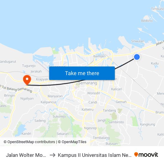 Jalan Wolter Monginsidi 9 to Kampus II Universitas Islam Negeri Walisongo map