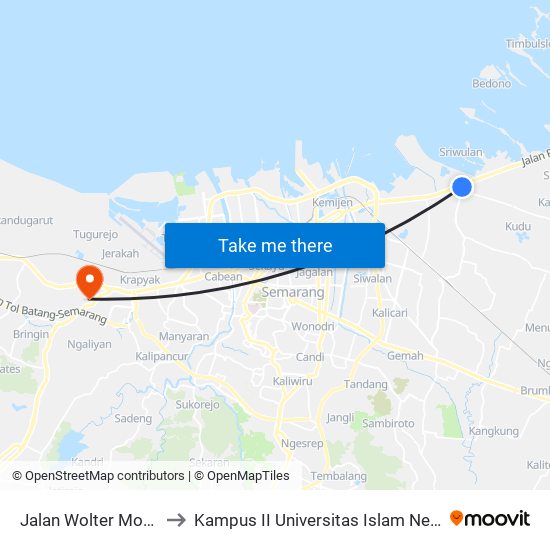 Jalan Wolter Monginsidi 9 to Kampus II Universitas Islam Negeri Walisongo map