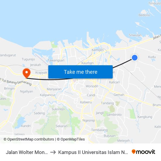 Jalan Wolter Monginsidi 90 to Kampus II Universitas Islam Negeri Walisongo map