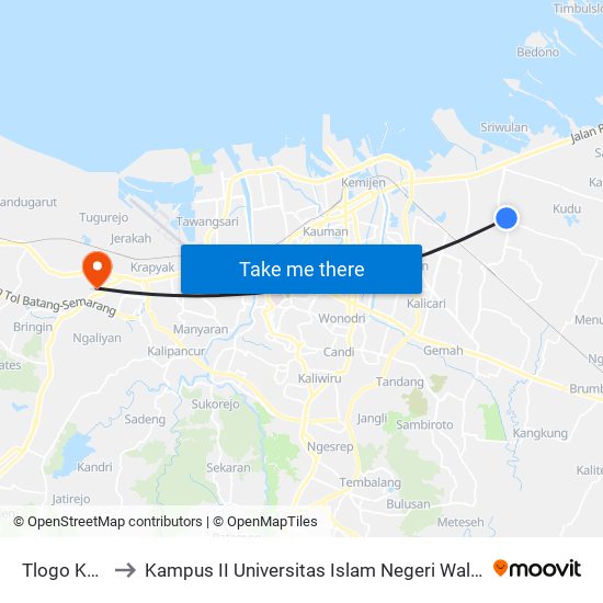 Tlogo Kudu to Kampus II Universitas Islam Negeri Walisongo map