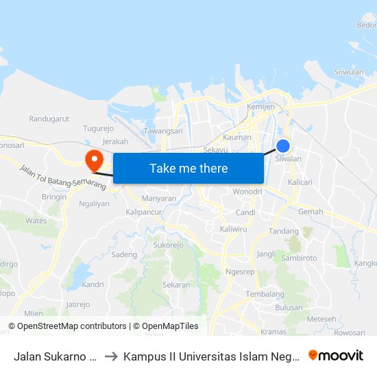 Jalan Sukarno Hatta 2 to Kampus II Universitas Islam Negeri Walisongo map