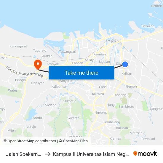 Jalan Soekarno Hatta to Kampus II Universitas Islam Negeri Walisongo map